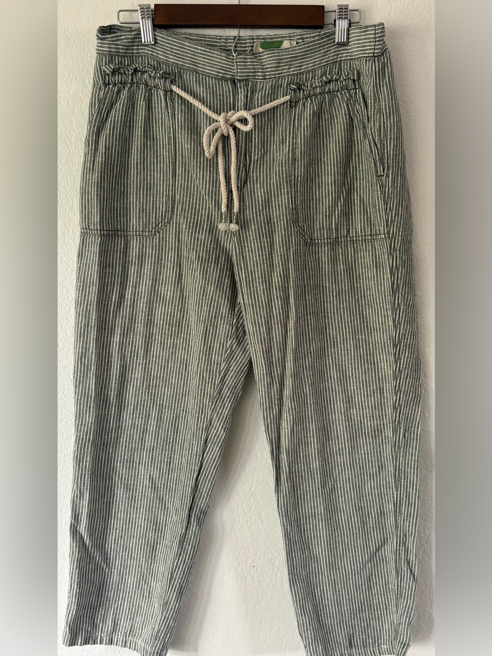 Anthropologie Green and White Striped Cropped Drawstring Pants